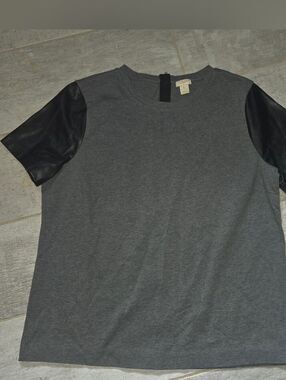J.Crew Gray Tee with Black Faux Leatherette Sleeves